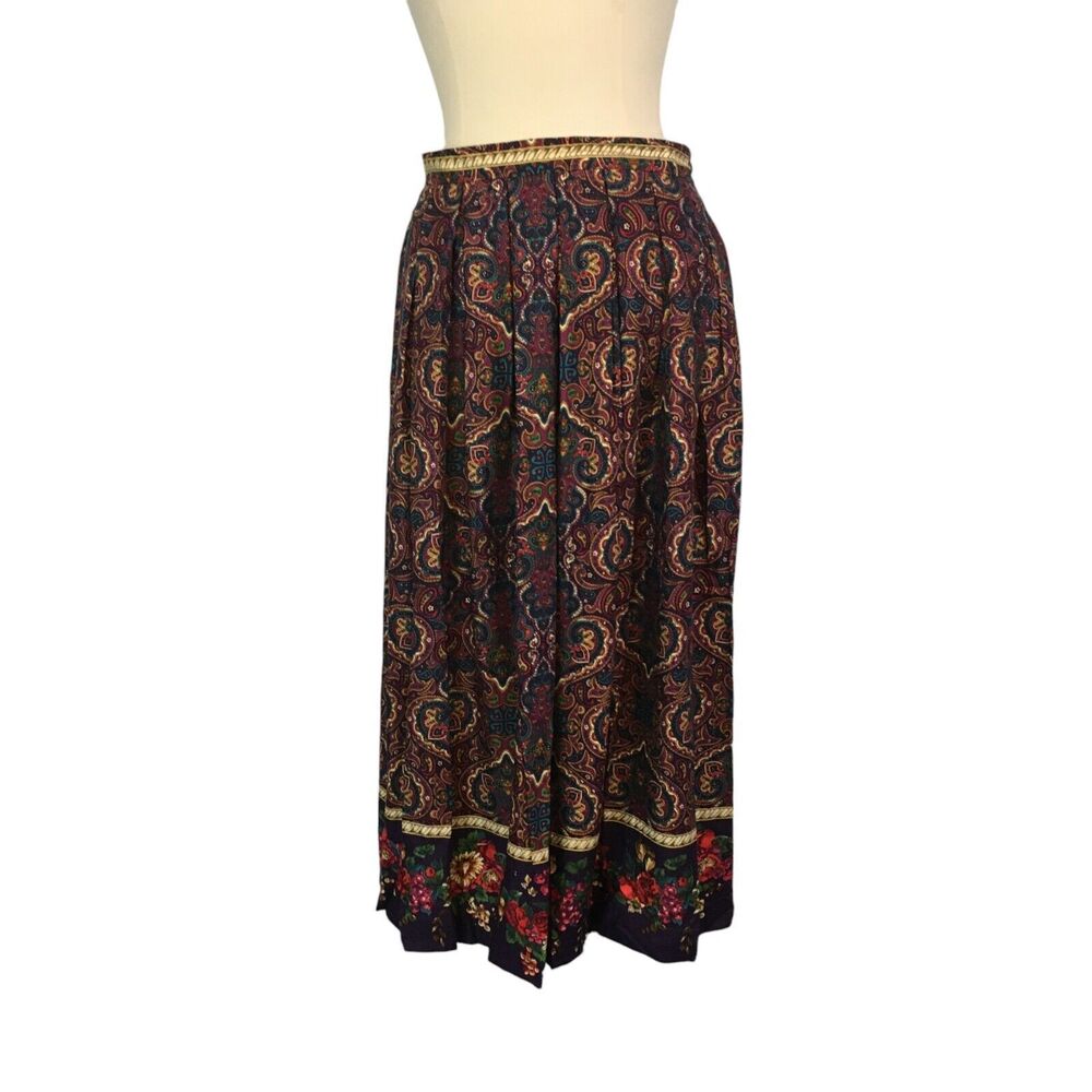 Susan Bristol Purple Blue Red Pleated Paisley Skirt,‎ Floral Hem 12, 28-30 waist